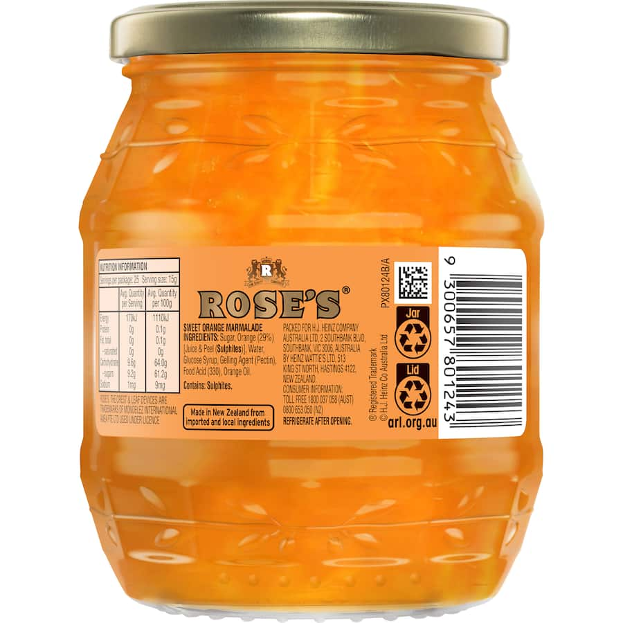 Jar of Rose's Sweet Orange Marmalade, featuring vibrant oranges, perfect for spreading or baking with a tangy, sweet flavor.