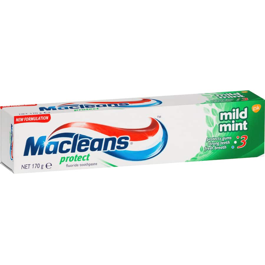 Macleans Protect Toothpaste in Mild Mint for strong teeth, fresh breath, and healthy gums with fluoride for enhanced oral care.