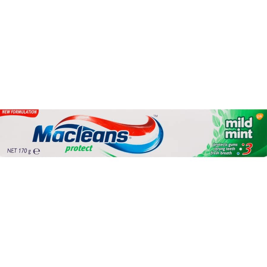 Macleans Protect Toothpaste in Mild Mint ensures fresh breath, strengthens teeth, and promotes oral health for a brighter smile.