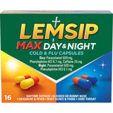 Lemsip Max Day & Night Cold & Flu Capsules for effective relief from symptoms like headaches, fatigue, and sore throat.