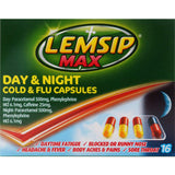 Lemsip Max Day & Night capsules for effective relief from cold and flu symptoms, ensuring comfort day and night.