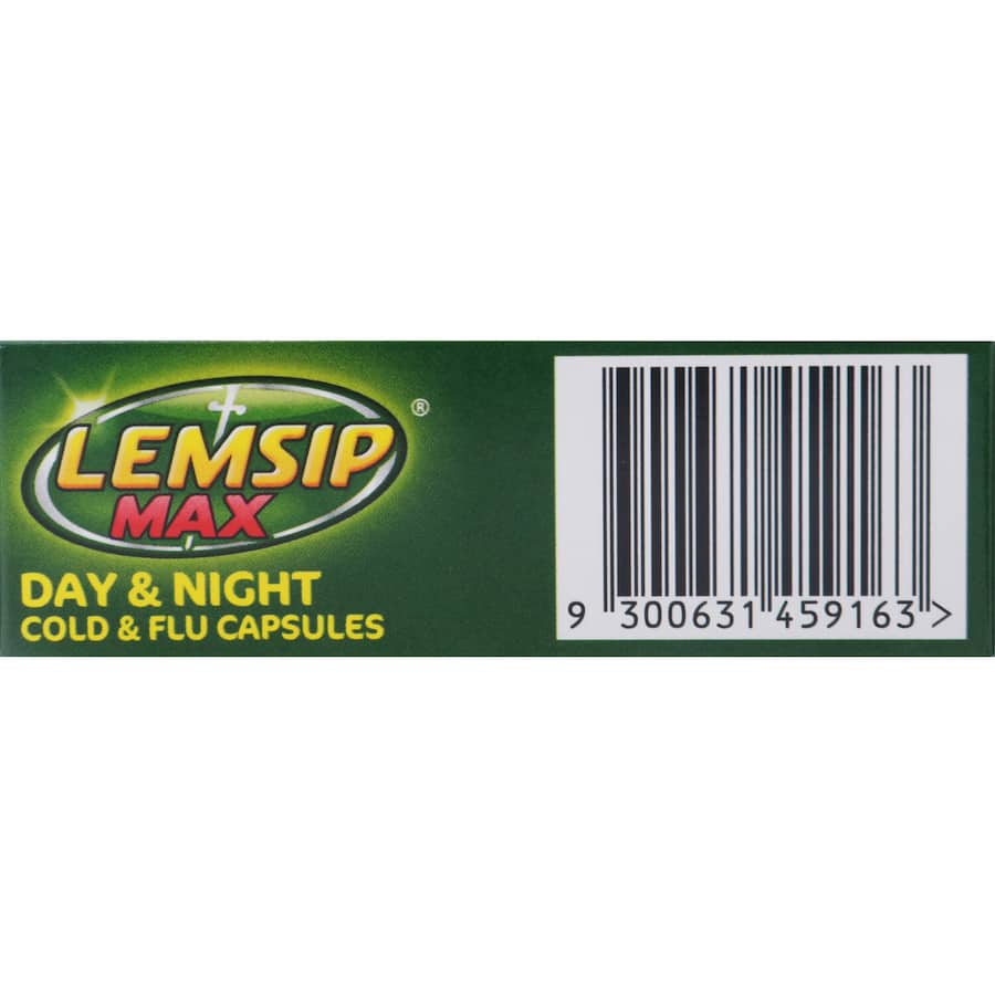 Lemsip Max Day & Night Capsules for effective cold and flu relief, targeting symptoms like headaches and body aches without drowsiness.