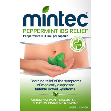 Mintec Peppermint IBS Relief Capsules for natural support against abdominal pain and discomfort from irritable bowel syndrome.