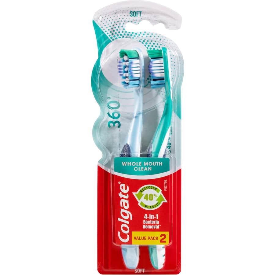 Colgate 360 toothbrush with soft bristles for whole mouth cleaning, promoting optimal oral hygiene for all ages.