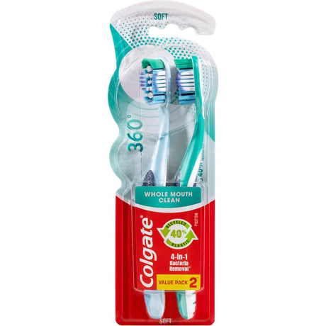 Colgate 360 toothbrush with soft bristles for whole mouth cleaning, promoting optimal oral hygiene for all ages.