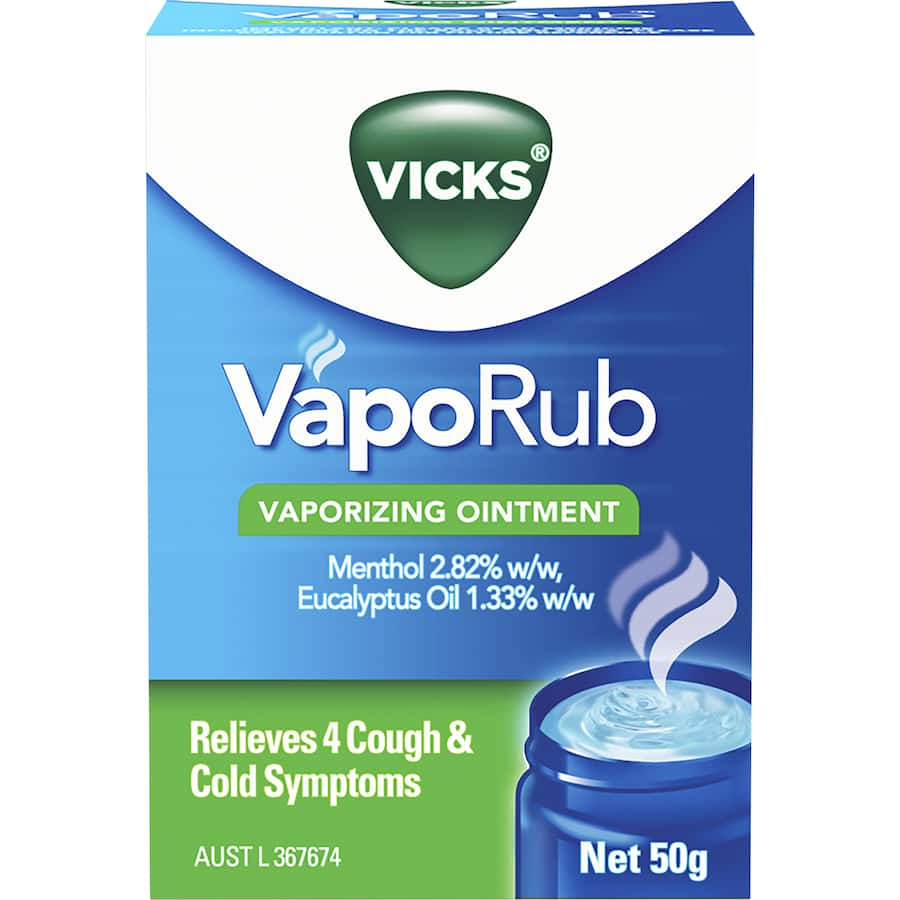 Vicks Vaporub chest rub, soothing ointment for cough relief, congestion, and aches, suitable for ages 2 and up.