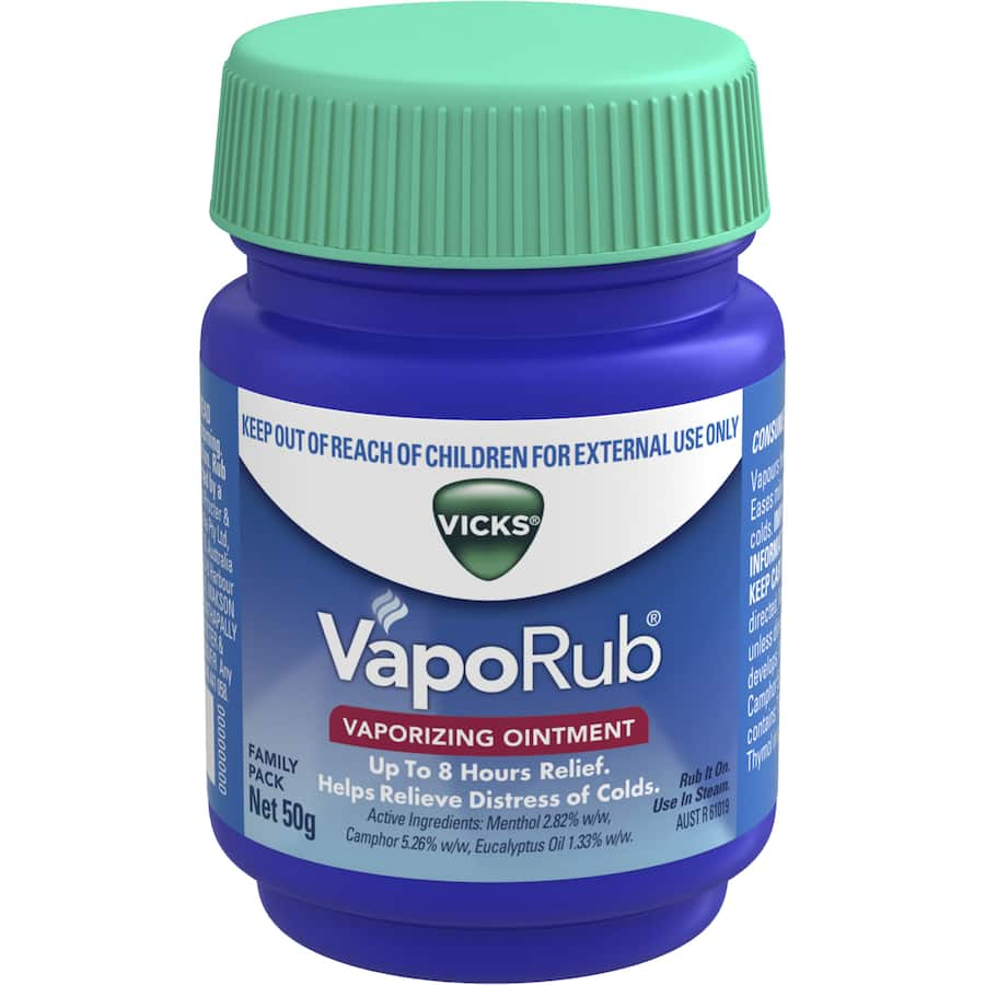 Vicks Vaporub Chest Rub: soothing ointment for cough relief, nasal congestion, and muscle aches, suitable for ages 2 and up.