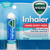 Vicks Cold Remedy Inhaler offers quick nasal relief from colds and allergies, compact enough for pockets or bags.