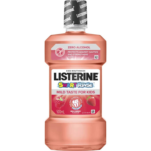 Bright pink Listerine Kids Mouthwash Smart Rinse Berry, specially formulated for children with zero alcohol and added fluoride.
