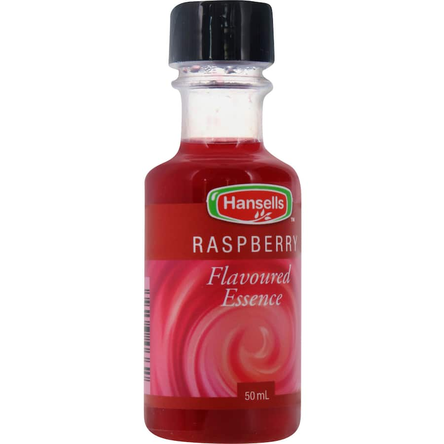 Baking essence bottle labeled "Hansells Raspberry" for creating vibrant raspberry-flavored cakes, cookies, and icings.