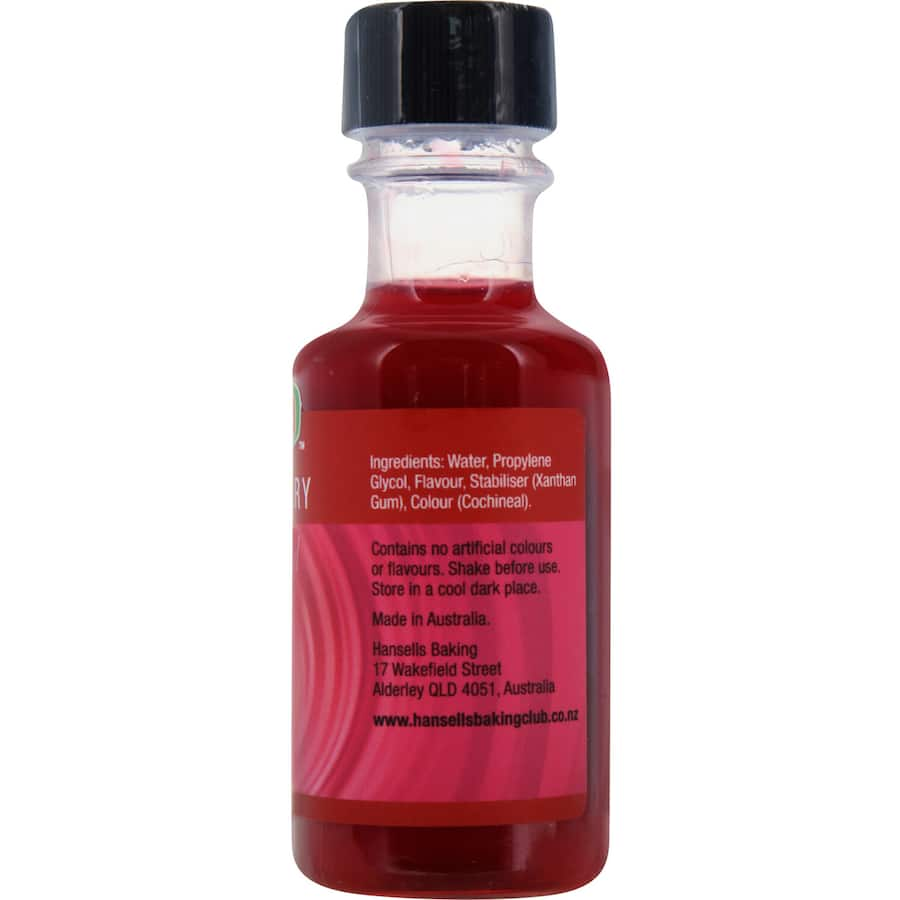 Bottle of Hansells Raspberry Essence, perfect for enhancing cakes, cookies, and icings with vibrant raspberry flavor.