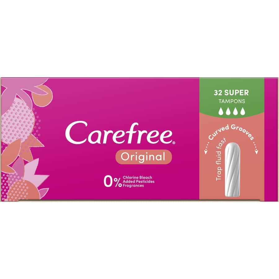 Super absorbent Carefree Tampons with curved grooves for heavy flow, offering reliable leak protection and comfort.