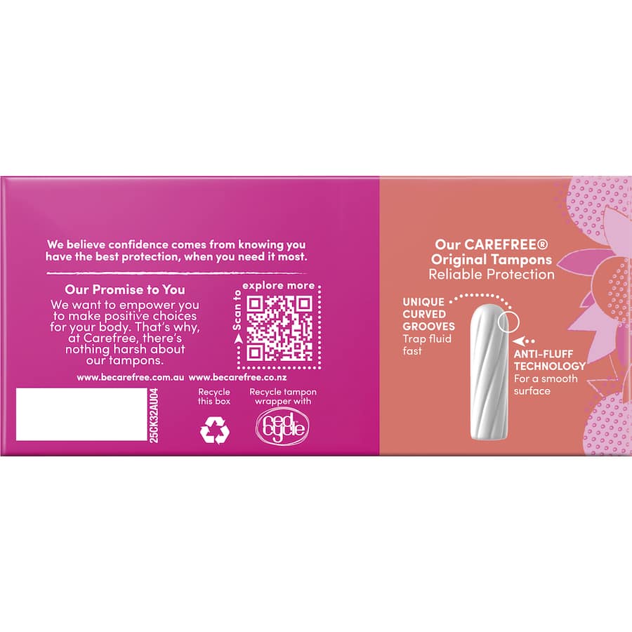 Carefree Tampons Super, designed for heavy flow, features unique grooves for efficient absorption and a smooth, fluff-free surface.