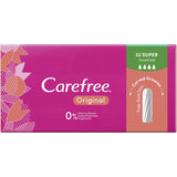 Carefree Tampons Super featuring curved grooves for heavy flow, offering comfort, absorbency, and Anti-Fluff technology.