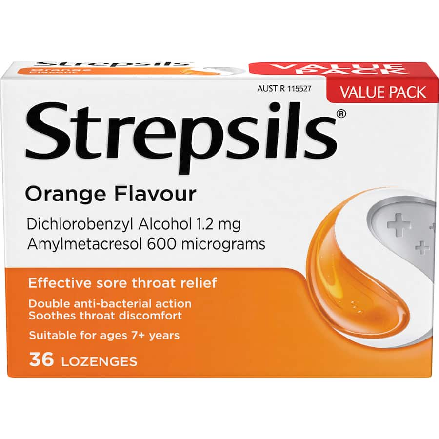 Strepsils Orange Lozenges provide soothing relief from sore throats, featuring antibacterial agents and a refreshing orange flavor.