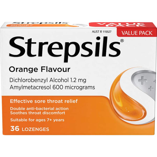 Strepsils Orange Lozenges provide soothing relief from sore throats, featuring antibacterial agents and a refreshing orange flavor.