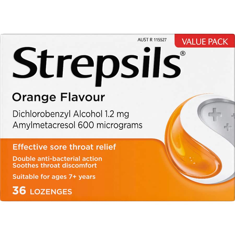 Strepsils Orange Lozenges for effective sore throat relief, featuring antibacterial agents and a refreshing orange flavor.