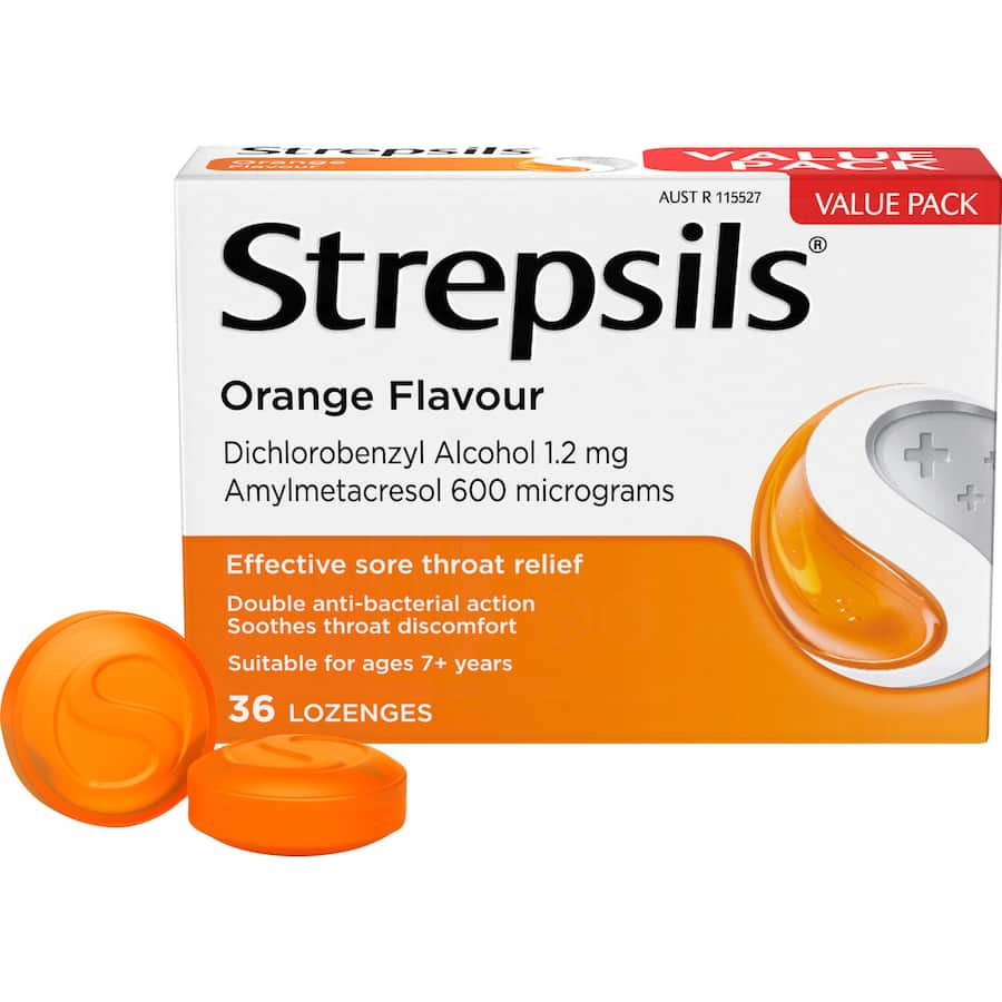 Strepsils orange lozenges for sore throat relief, soothing discomfort with antibacterial action for up to 2 hours.