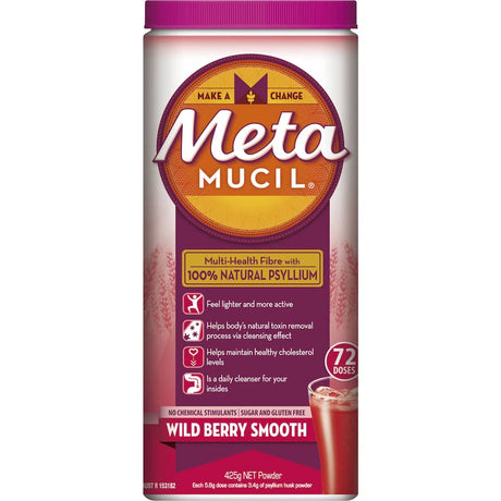 Metamucil Daily Fibre Wild Berry powder in a scoop, promoting digestive health with natural psyllium husk fiber.