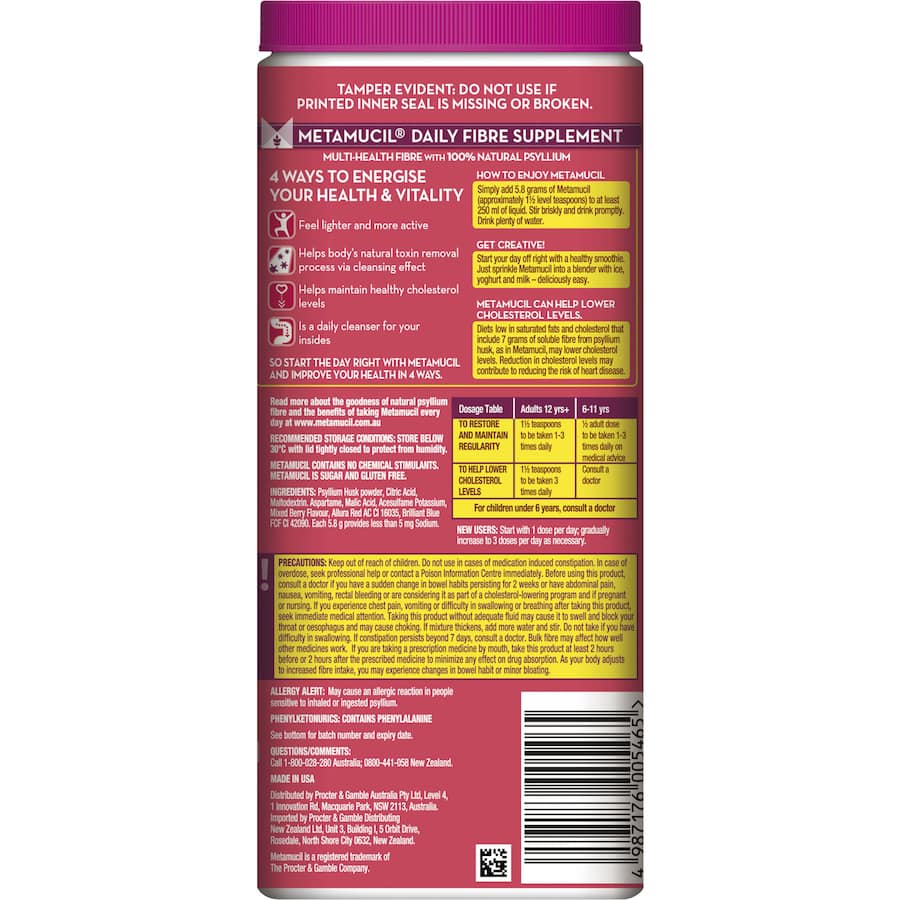 Metamucil Wild Berry Fiber Supplement mixed in water, promoting digestive health with 100% natural psyllium husk.