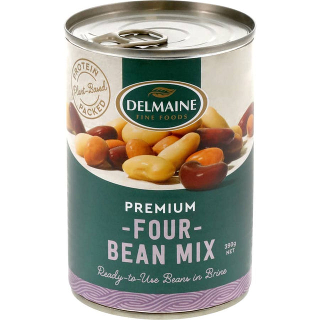 Delmaine Four Bean Mix featuring butter, kidney, cannellini, and borlotti beans, perfect for nutritious meals and colorful dishes.