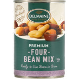 Delmaine Beans Four Bean Mix featuring butter, red kidney, cannellini, and borlotti beans, perfect for nutritious meals.