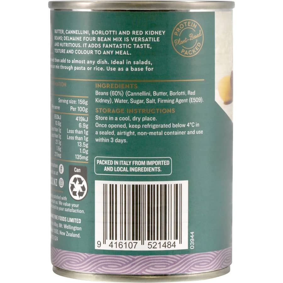 Delmaine Four Bean Mix featuring butter, red kidney, cannellini, and borlotti beans for nutritious, colorful meals.