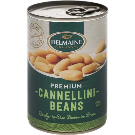 Delmaine Cannellini Beans in a can, featuring creamy texture and versatility for soups, salads, and casseroles.