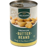 Delmaine Butter Beans: large, soft, nutritious beans perfect for soups, salads, and casseroles, enhancing meals with flavor.