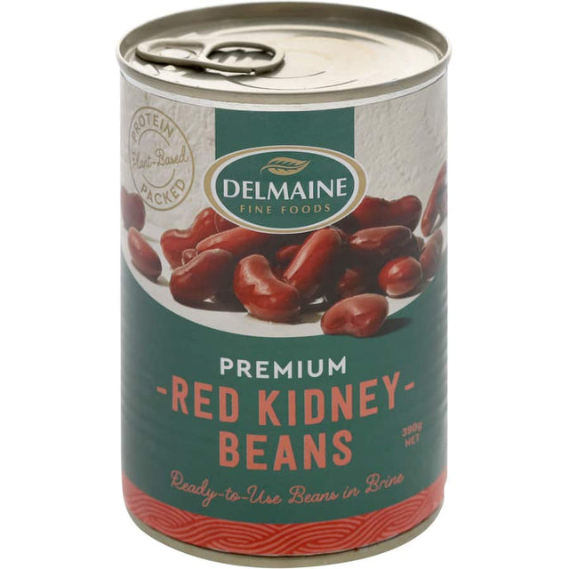 Delmaine Red Kidney Beans in a can, ideal for nutritious meals; versatile for soups, salads, and Mexican dishes.