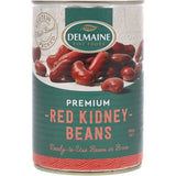 Delmaine Red Kidney Beans in a can, rich in protein and fiber, perfect for soups, salads, and Mexican dishes.