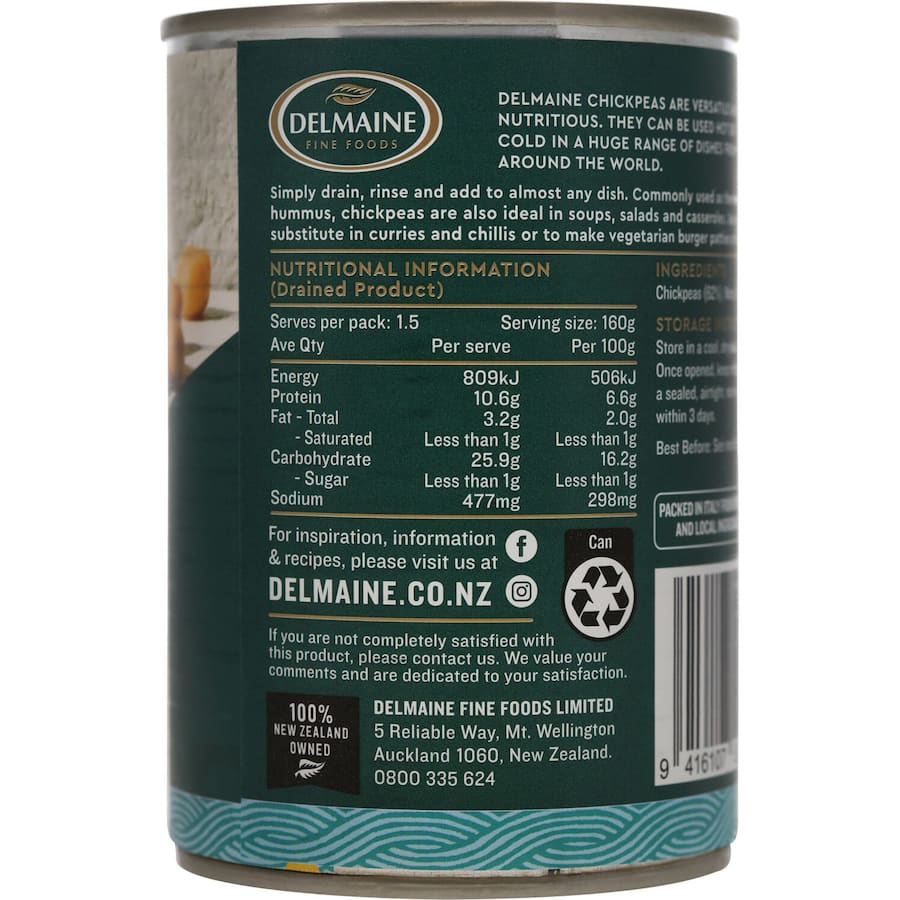 Delmaine Chickpeas in a can, showcasing nutritious garbanzo beans perfect for hummus and various hearty dishes.