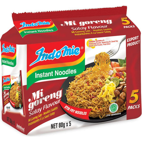 Indomie Mi Goreng Satay Multi Pack: instant noodles with authentic satay flavor, ready in 3 minutes, perfect for quick meals.