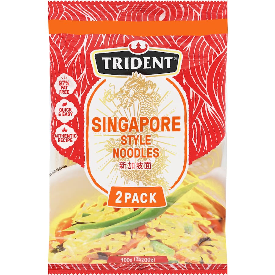 Trident Singapore Noodles Stir Fry Two Pack, perfect for quick, flavorful meals without pre-cooking, ideal for stir-fries and salads.