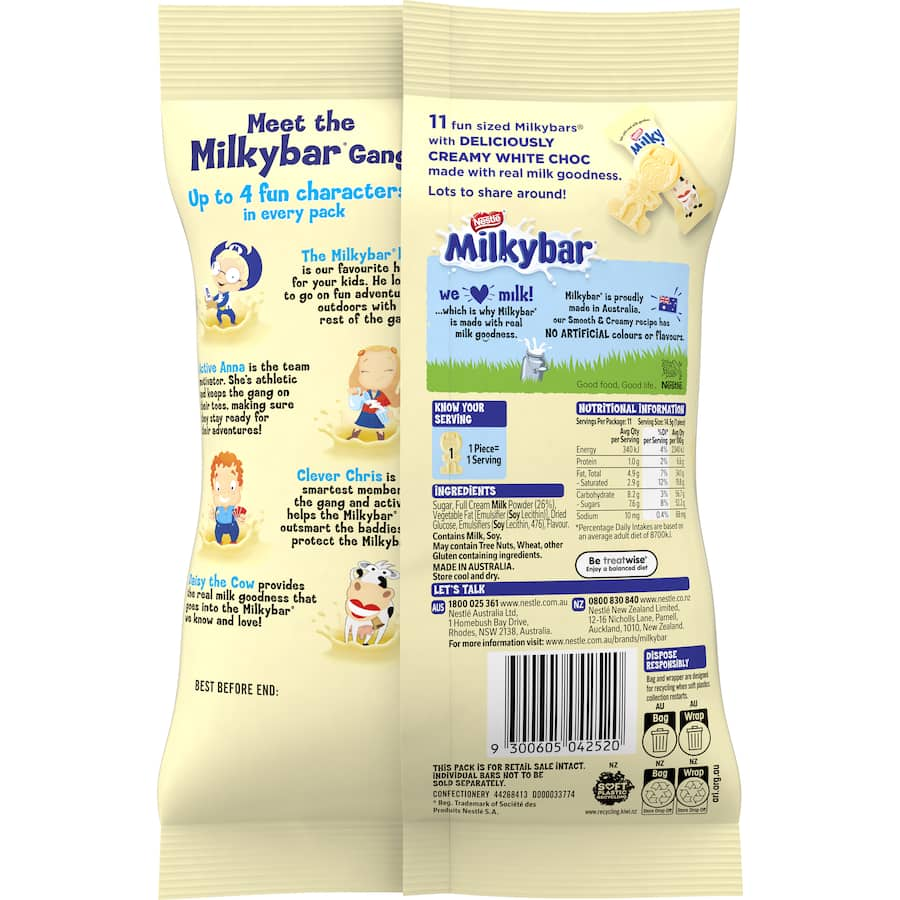 Creamy Milkybar white chocolate share pack with 11 pieces, made from real milk, perfect for sharing and enjoying.