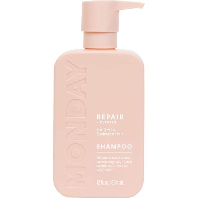 Restorative MONDAY Shampoo Repair for dry, damaged hair, infused with Keratin, Coconut Oil, and Shea Butter for hydration and shine.