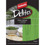 Crunchy Fantastic Delites Rice Crackers in Sour Cream & Chives flavor, gluten-free and baked for a light, delicious snack.