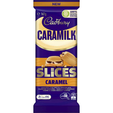 Cadbury Caramilk Slices featuring smooth chocolate and luscious caramel, perfect for sharing or satisfying sweet cravings.