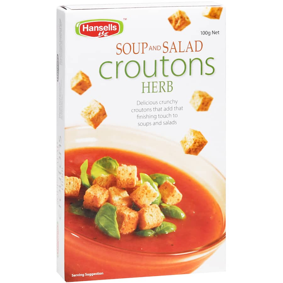 Herb-infused croutons from Hansells, adding crunch and flavor to soups and salads for delicious meals.