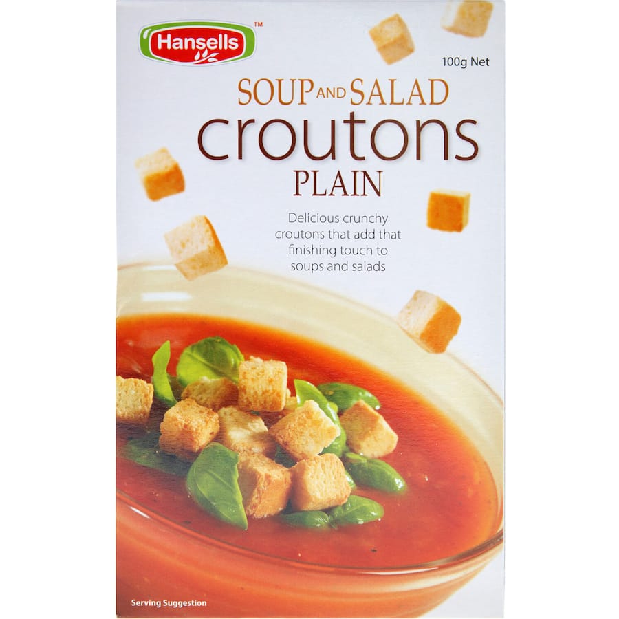 Crunchy golden croutons for soups and salads, enhancing dishes with a satisfying texture and rich flavor. Gluten-free option.