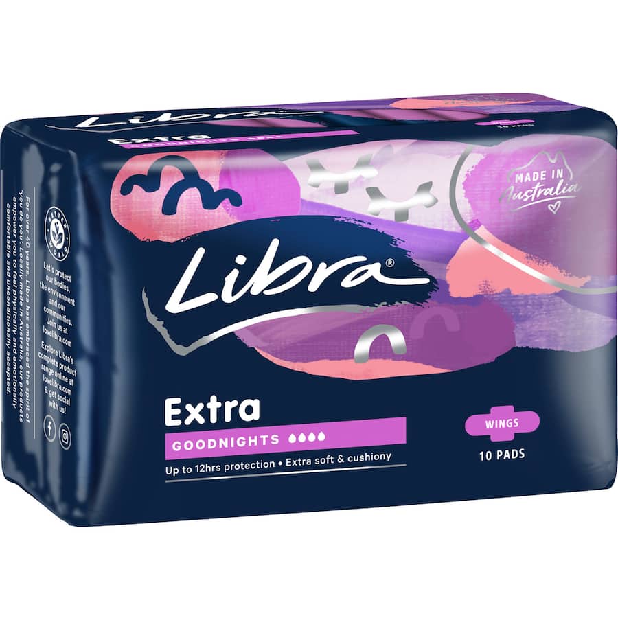 Libra Extra Pads Goodnights Wings offer superior absorbency and comfort with BodyFit® shape and curved wings for secure protection.