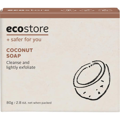 Ecostore Coconut Soap with gentle exfoliating strands, nourishing formula, and eco-friendly packaging for a luxurious, tropical cleanse.