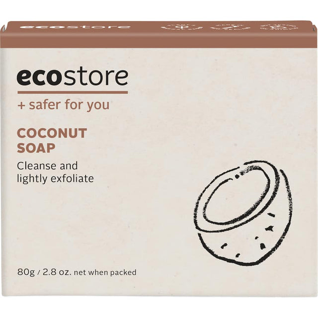 Ecostore Coconut Soap with gentle exfoliating strands, nourishing formula, and eco-friendly packaging for a luxurious, tropical cleanse.