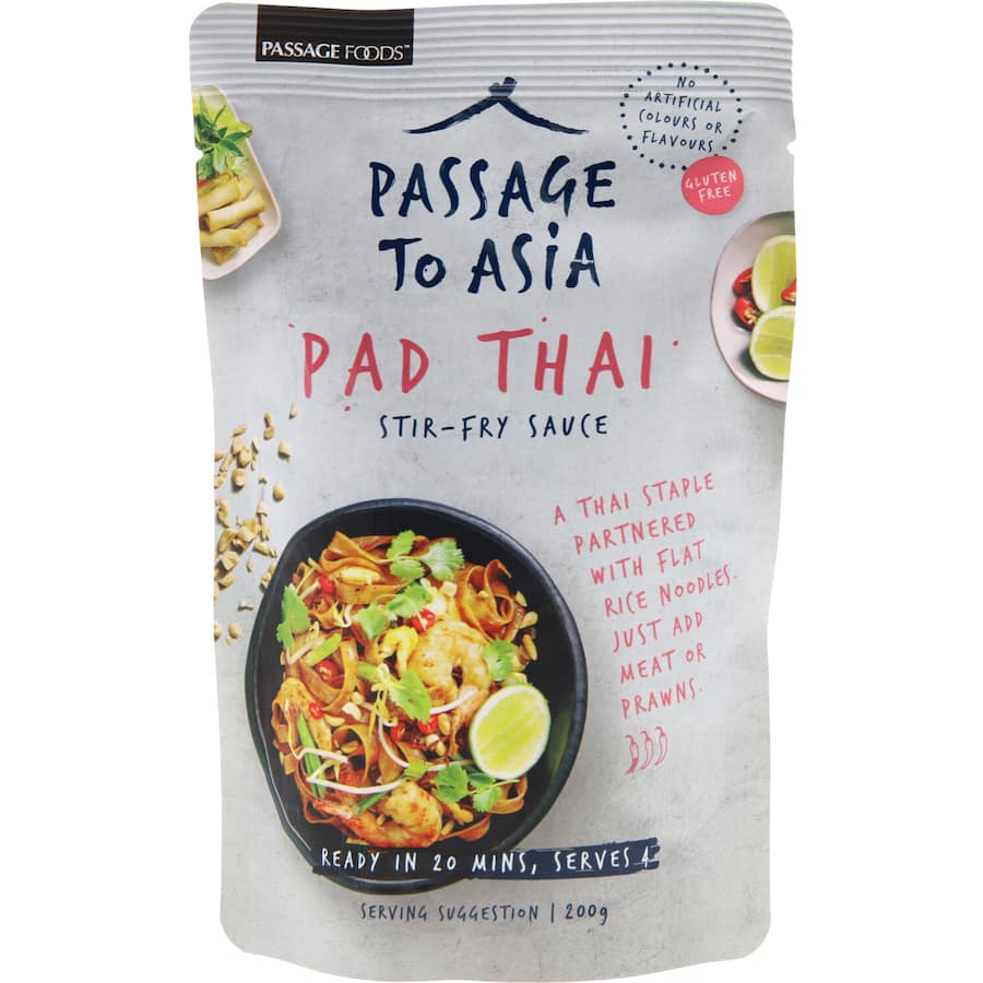 Passage To Asia Thai Pad Thai Stir Fry Sauce bottle, featuring a blend of natural ingredients for authentic Pad Thai in 20 minutes.