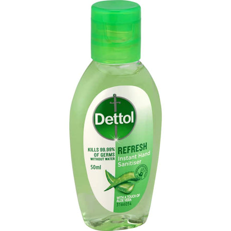 Dettol Antibacterial Instant Hand Sanitiser Refresh, 99.99% germ-killing formula with aloe vera, rinse-free and non-sticky.