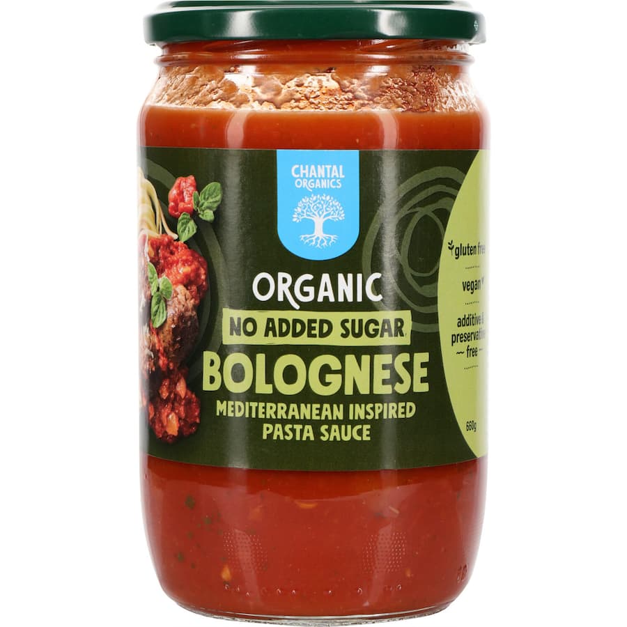 Chantal Organics Bolognese sauce with organic tomatoes, onion, herbs, and spices for a rich, authentic pasta dish.