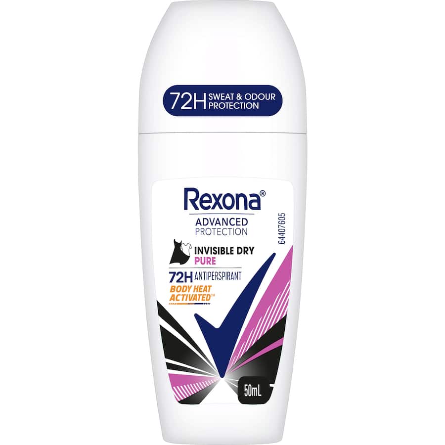 Rexona Women Advanced Roll On Invisible Pure 50ml offers 72-hour sweat protection with Motion Activated technology for ultimate freshness.