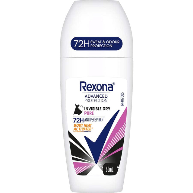 Rexona Women Advanced Roll On Invisible Pure 50ml offers 72-hour sweat protection with Motion Activated technology for ultimate freshness.