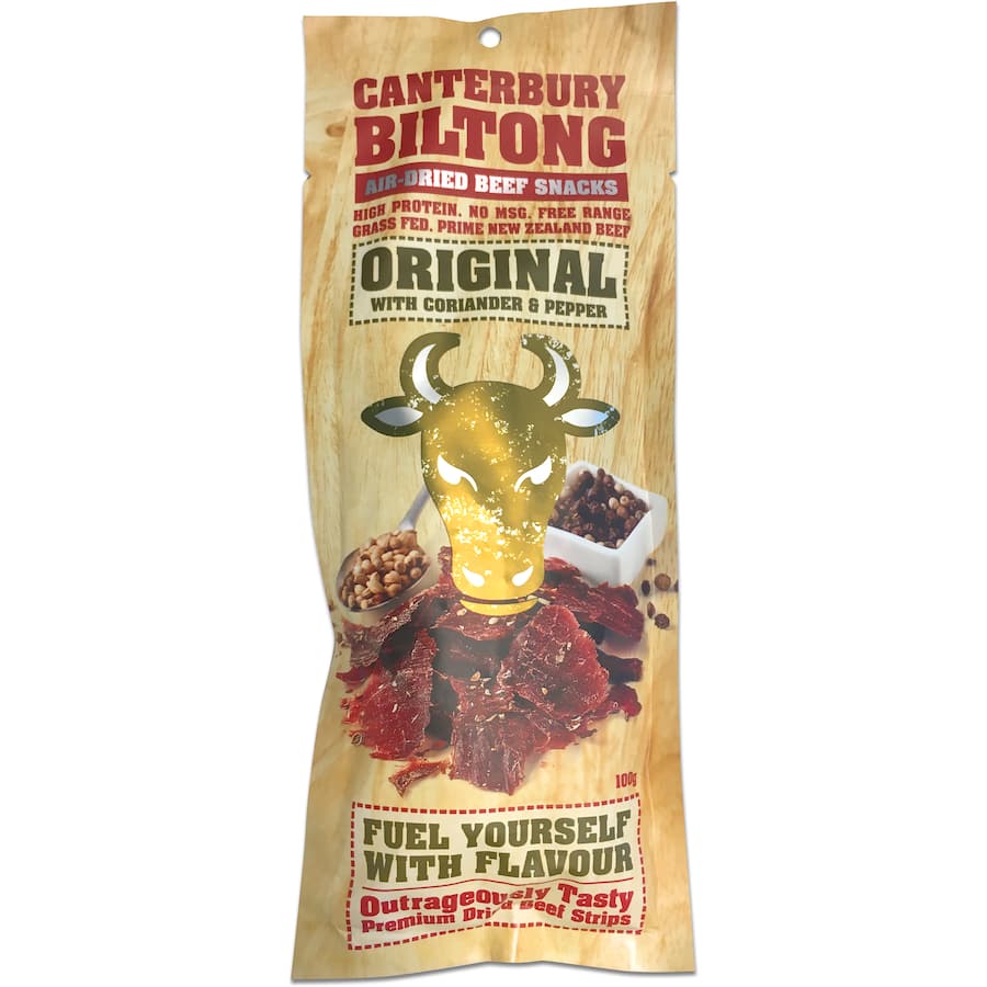 Canterbury Biltong Original Flavour - premium air-dried beef snack, rich in protein and free from preservatives.