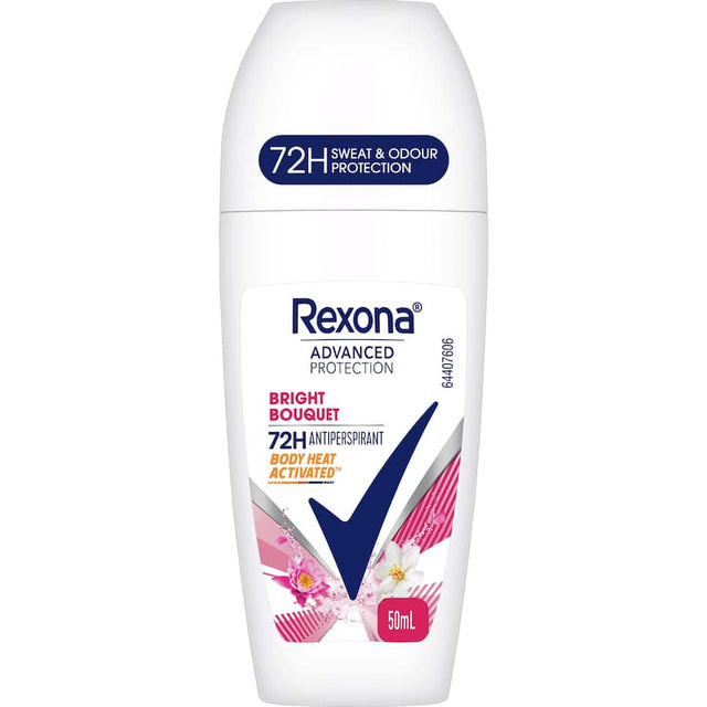 Rexona Women Advanced Roll On Bright Bouquet: 72-hour antiperspirant with floral fragrance, perfect for on-the-go freshness.